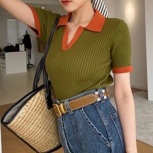 Retro Ribbed Polo Top in Salmon n Creamy Avocado Size Small